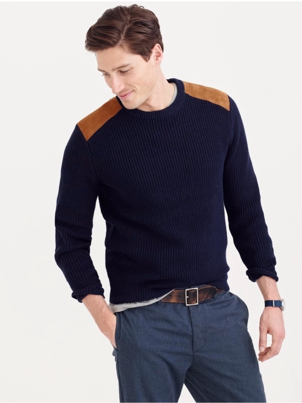 J. Crew Navy Crewneck Sweater 100% Cotton with Brown Leather Shoulder Patches M